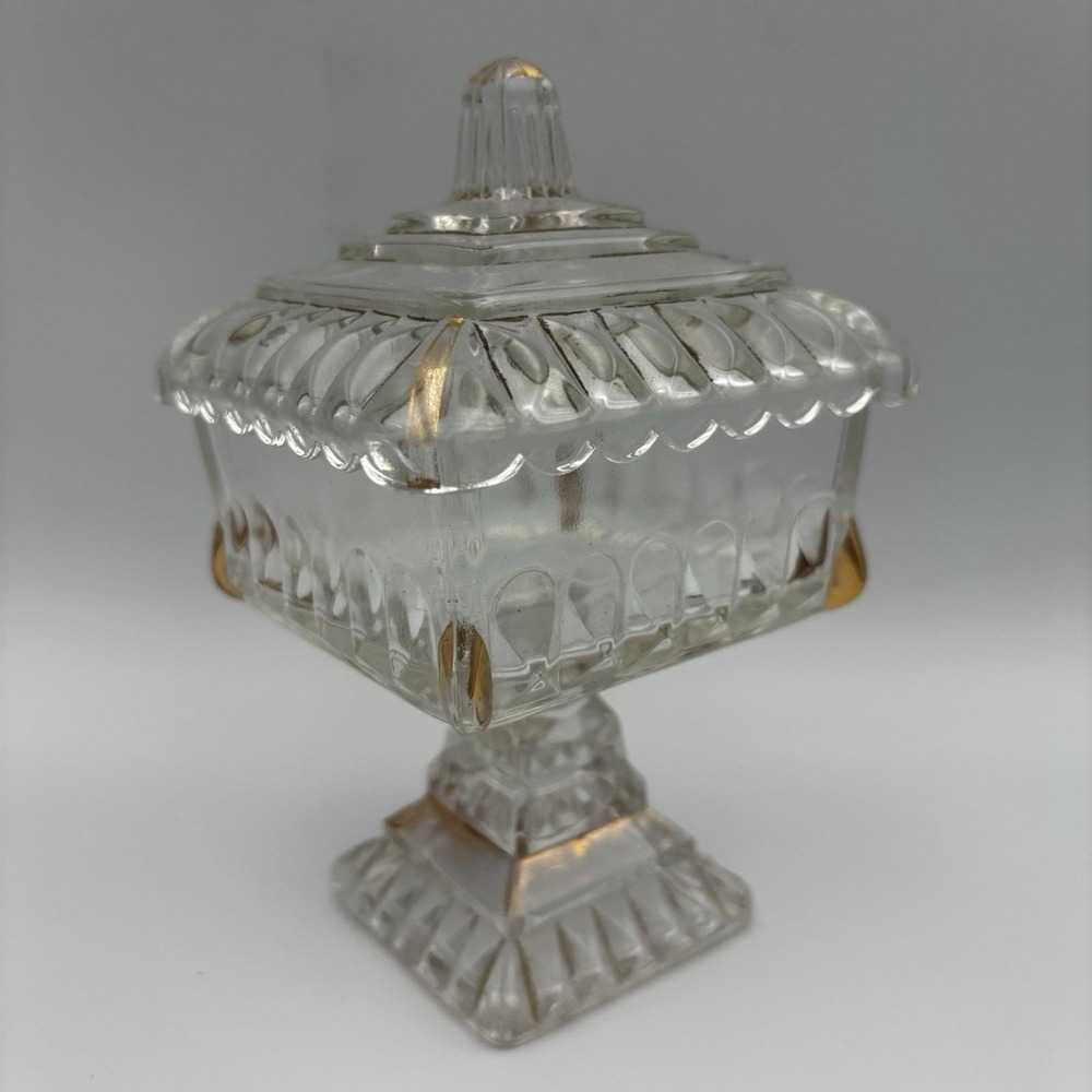 Vintage Jeannette Pressed Glass Wedding Candy Dish Pedestal Clear w/ Gold Trim